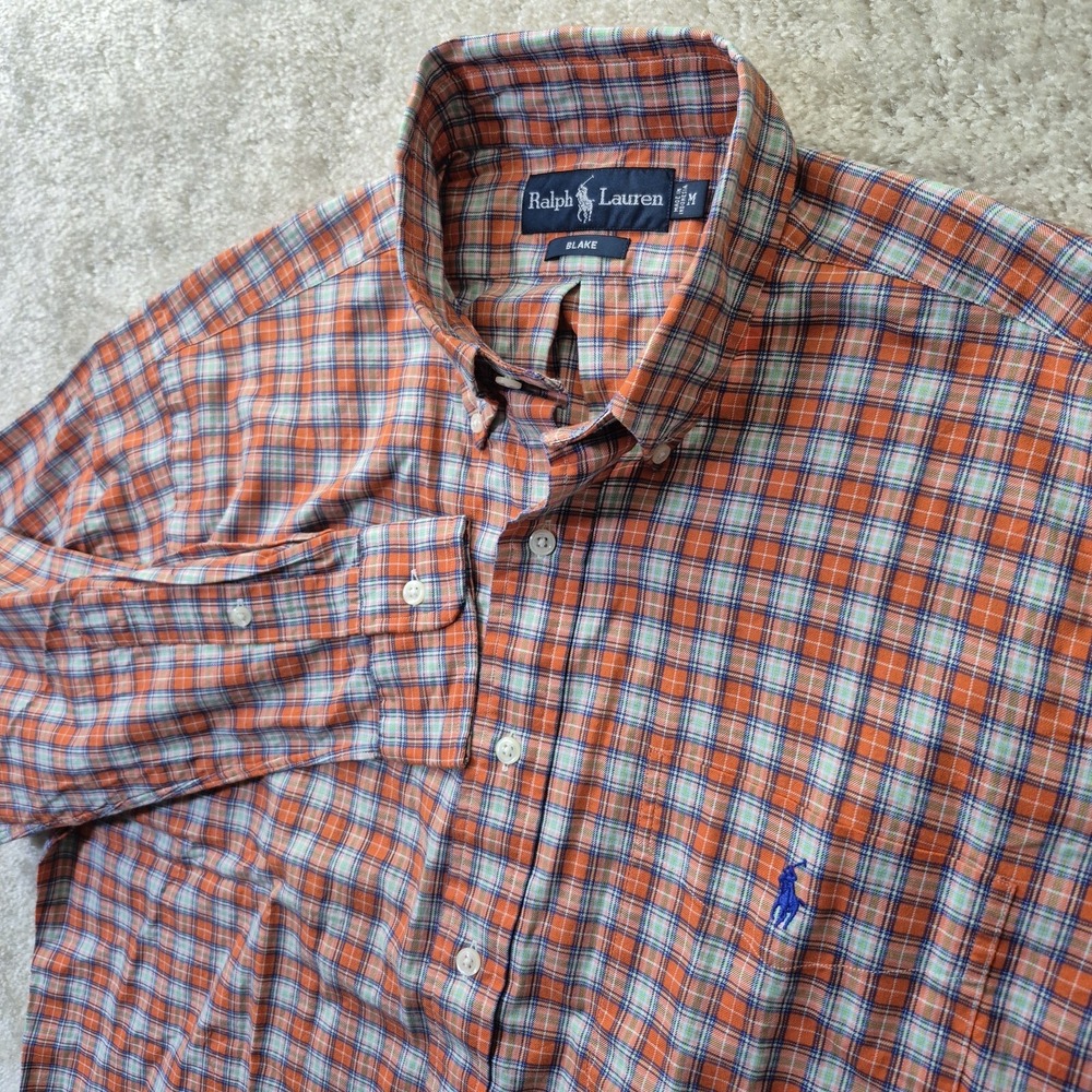 Polo Ralph Lauren Shirt Mens M Oversize Orange Plaid Button Down Logo Preppy New